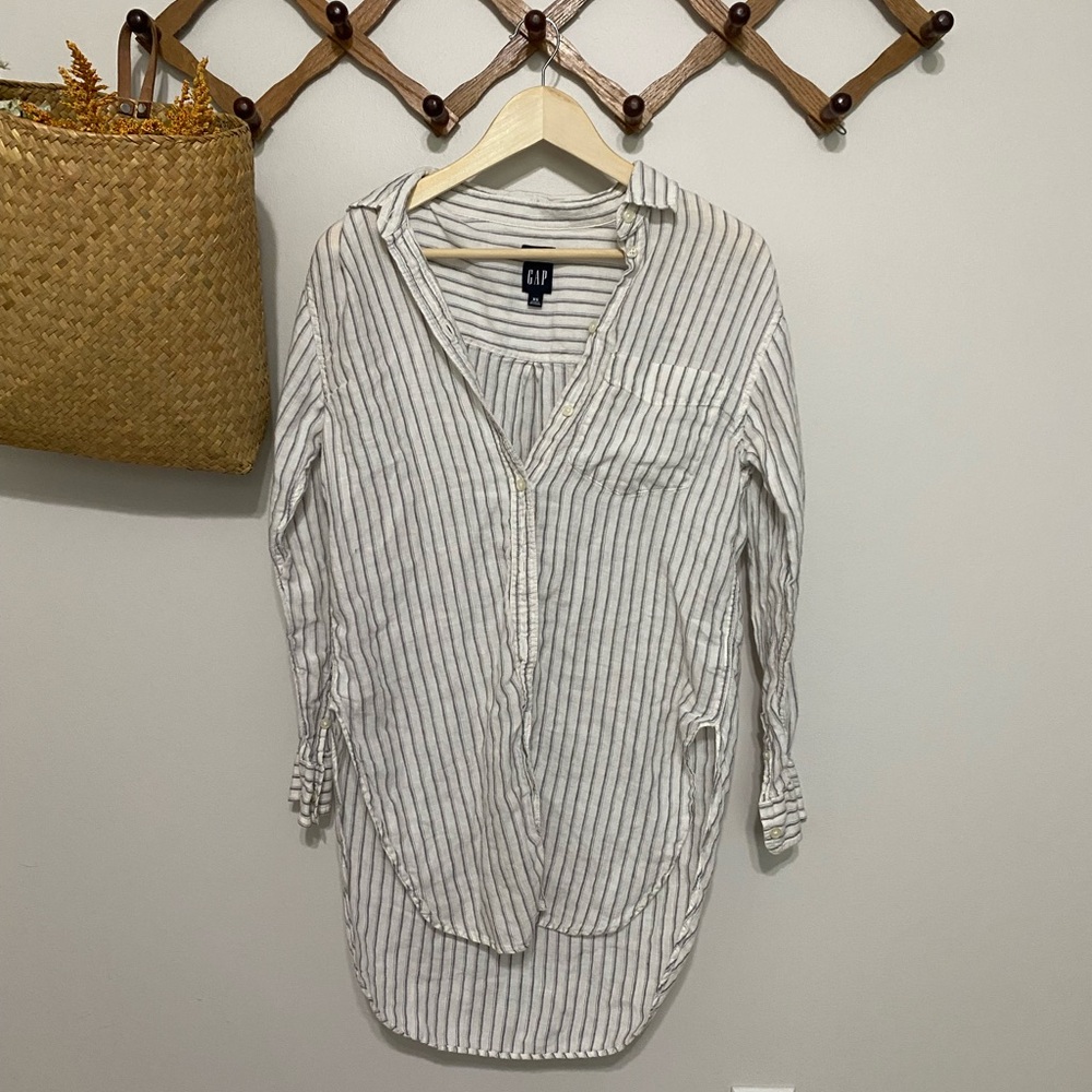 GAP White and Navy Striped Button-Down Tunic